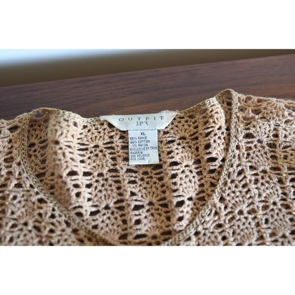 Tan brown Crochet Short sleeve cardigan boho beaded open knit XL vintage summer - Picture 5 of 8